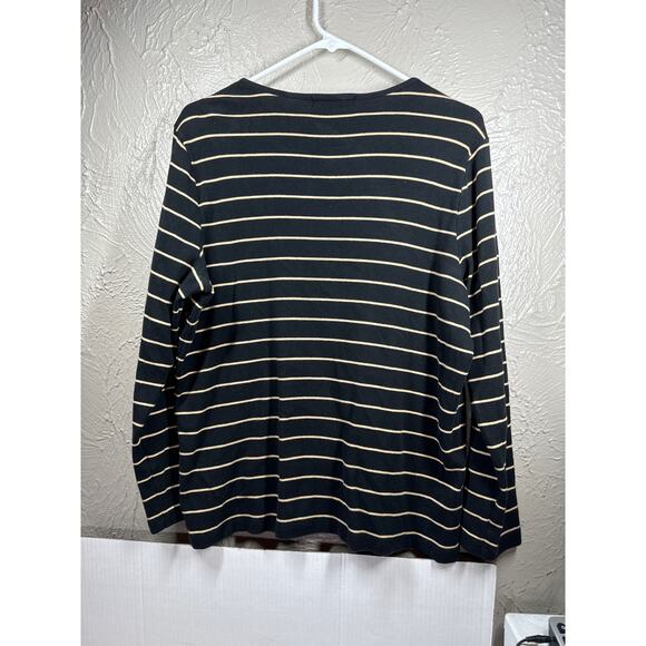 Lauren Ralph Lauren Black Gold Striped Button Shoulder Cotton Tee Plus Size 1X - Picture 4 of 5